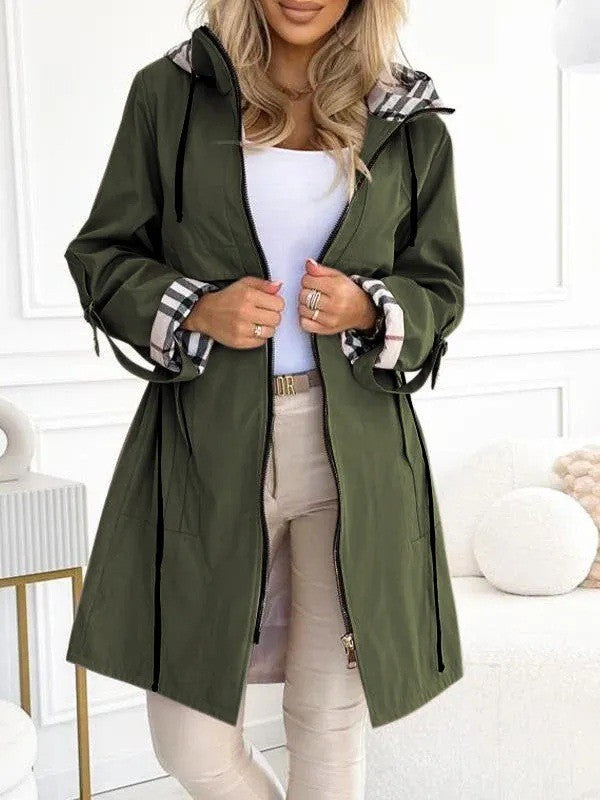 Women's tailored rain parka with hood checkered lined inner collar and drawstring Mune Fashion