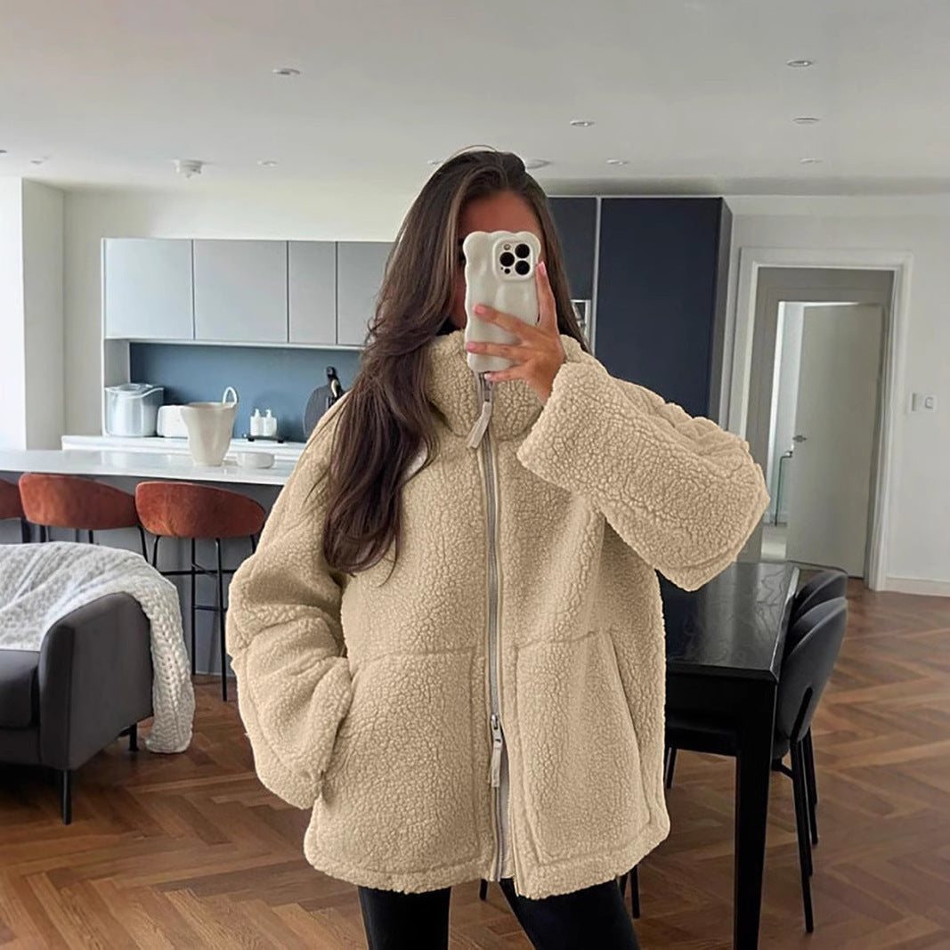 Women's oversized Sherpa outdoor jacket with two-way zip, high stand-up collar and concealed slit pockets Mune Fashion