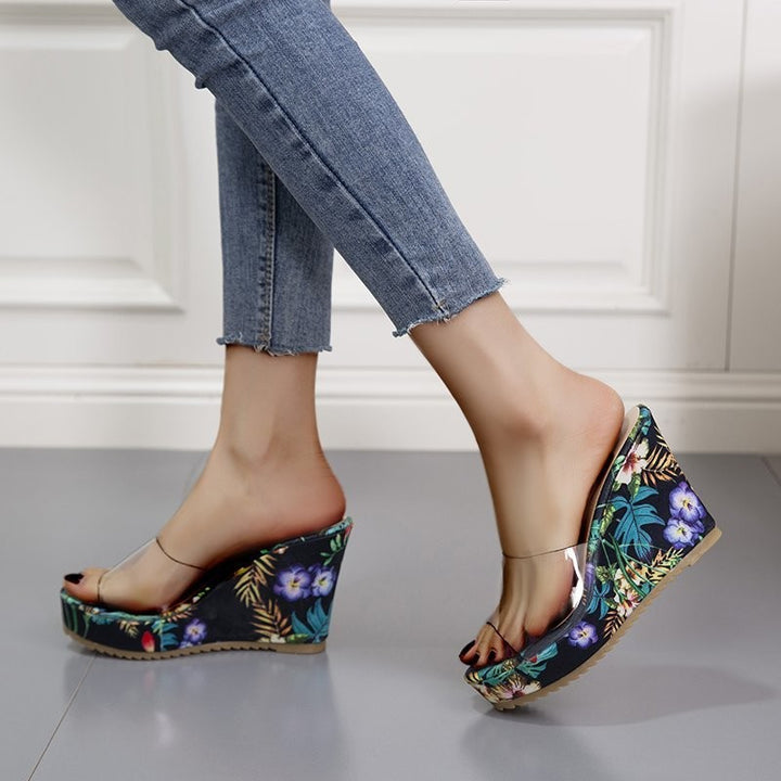 Women's Nan PVC Belts Wedge Sandals with Floral Printed Wedge Sole and Ergonomic Comfort Footbed Mune Fashion
