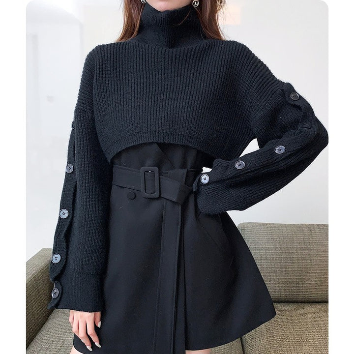 Women Short-Cut Turtleneck Bolero Wrap with Long Sleeve Buttons Mune Fashion