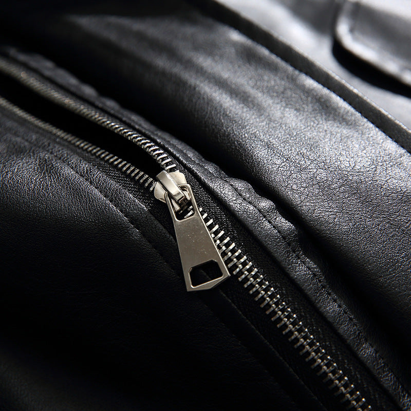 Men's Boxy Faux Leather Blouson Jacket with Stand Collar Snap Placket and Elastic Hem Mune Fashion