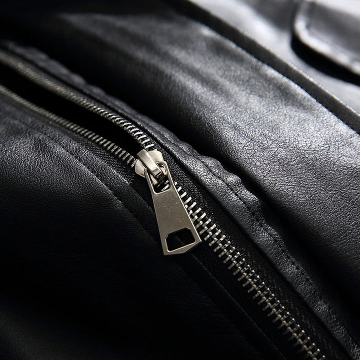Men's Boxy Faux Leather Blouson Jacket with Stand Collar Snap Placket and Elastic Hem Mune Fashion