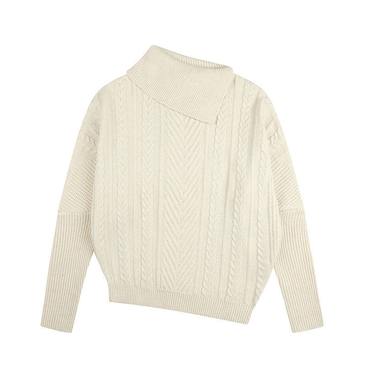 Women's asymmetrical cable knit sweater with diagonal turtleneck and oversized fit Mune Fashion