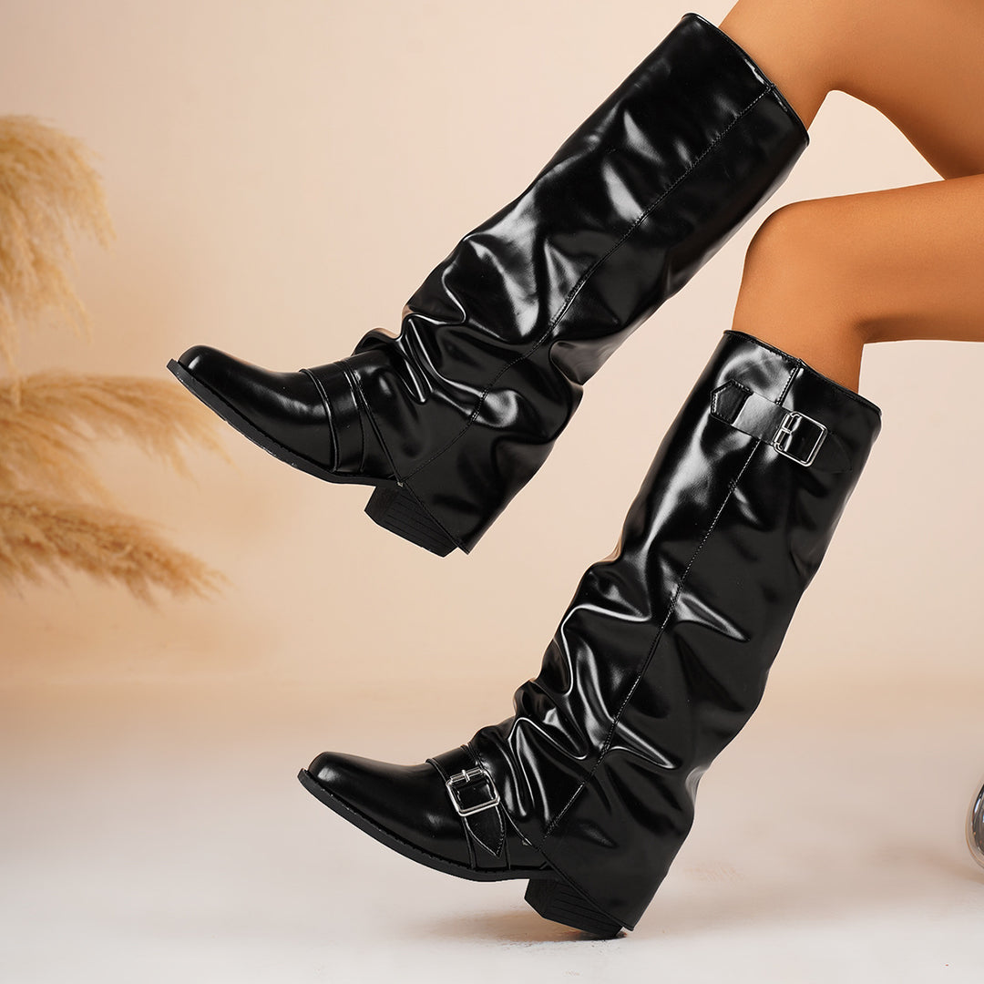 Women's knee-high patent leather boots with slip-on shaft and adjustable buckles Mune Fashion