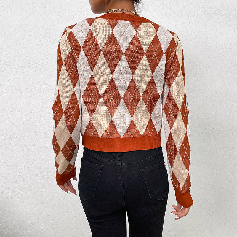 Women's Tailored Short Sweater in Diamond Pattern with Fine Knit and Ribbed Cuffs Mune Fashion
