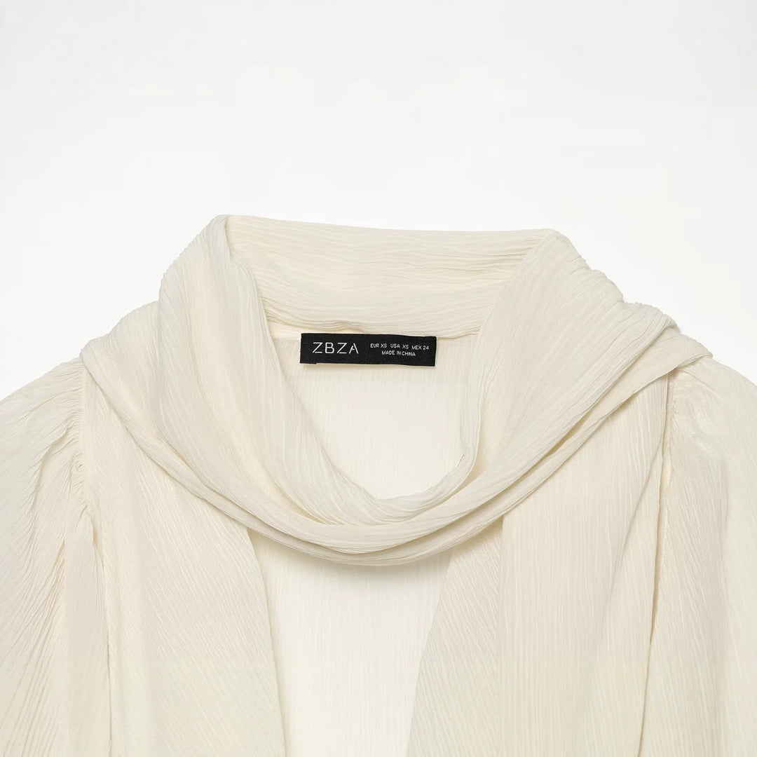 Women Draped Chiffon Blouse with Waterfall Shawl Collar and Balloon Sleeves Drune
