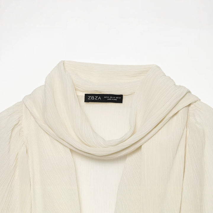 Women Draped Chiffon Blouse with Waterfall Shawl Collar and Balloon Sleeves Drune