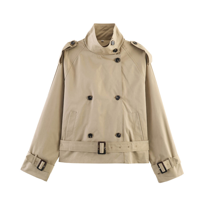 Women's cropped trench coat with standing collar double button placket and waist belt Mune Fashion