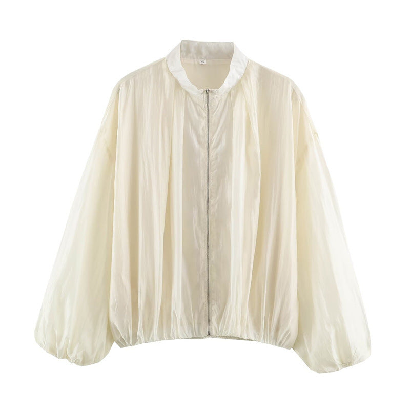 Women's sheer oversized bomber jacket made of lightweight satin organza with balloon sleeves Mune Fashion
