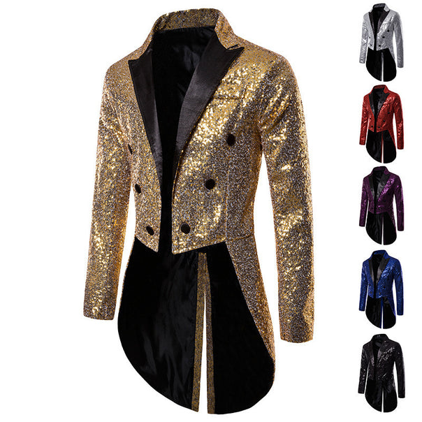 Men's glittered tailcoat with pointed satin lapels, double-breasted and extended swallowtail Mune Fashion