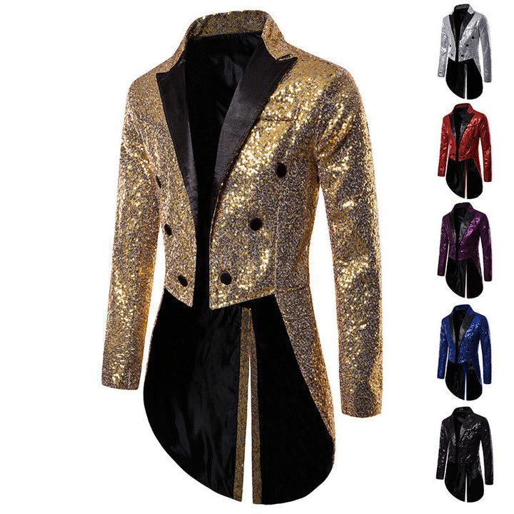 Men's glittered tailcoat with pointed satin lapels, double-breasted and extended swallowtail Mune Fashion
