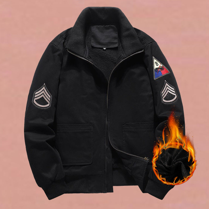 Men's military-inspired bomber jacket with applied patches, concealed zipper, and elastic cuffs.