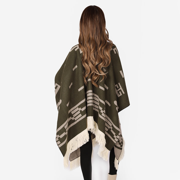 Women's Oversize Poncho in Boho Style with V-neck, Jacquard Pattern and Long Fringes Mune Fashion