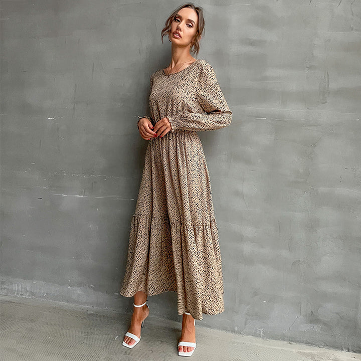 Women's Long Tiered Maxi Dress with Elastic Waist Gathering and Fine Polka Dot Print Mune Fashion