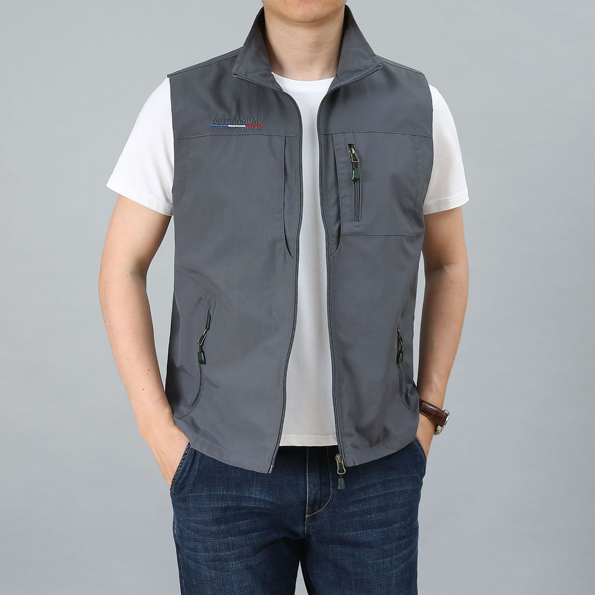 Men's Lightweight Utility Vest with Zipper Pockets and Stand Collar Mune Fashion