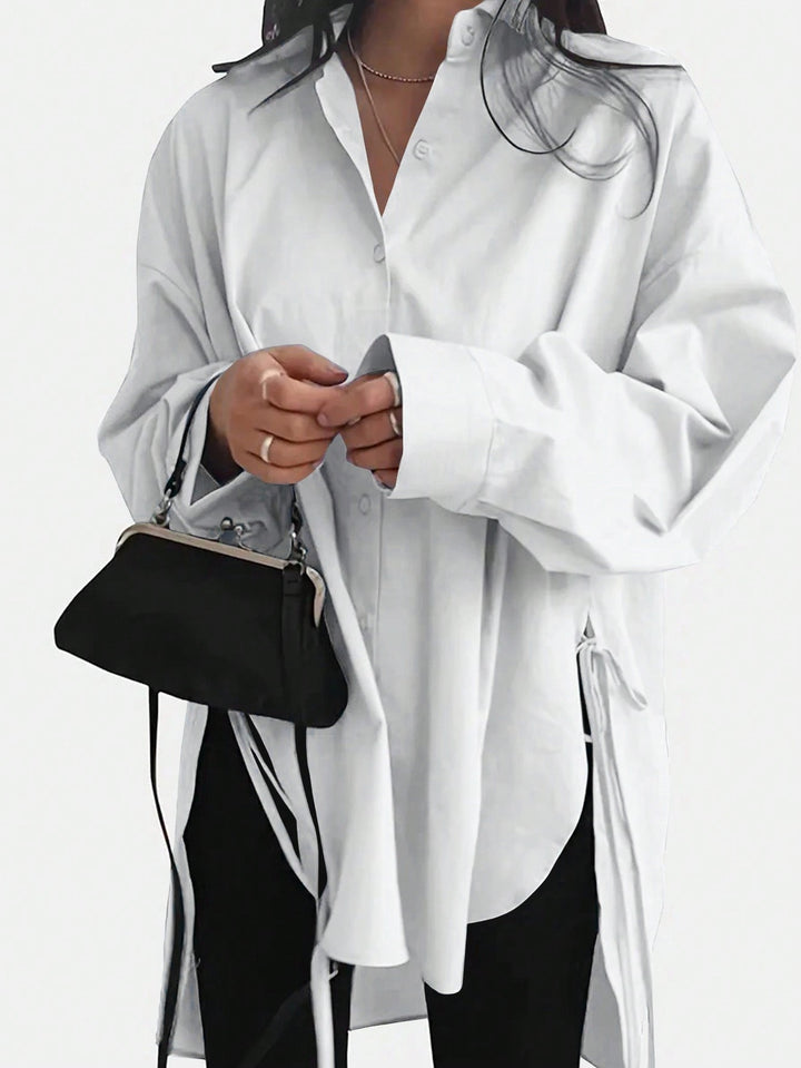 Women Oversized Long Blouse with Drawstring and Wide Cuff Sleeve