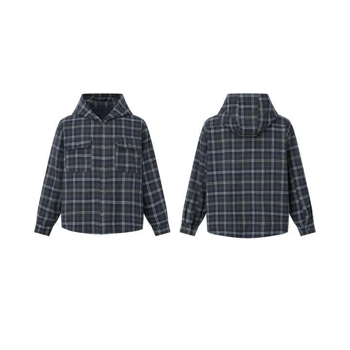 Men's check overshirt with hood, padded shirt jacket and patch pockets Mune Fashion