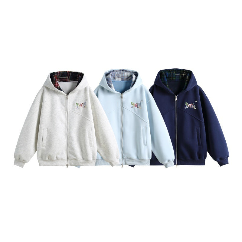 Women's hooded sweatshirt jacket in boxy cut with checked lined hood and subtle embroidery Mune Fashion