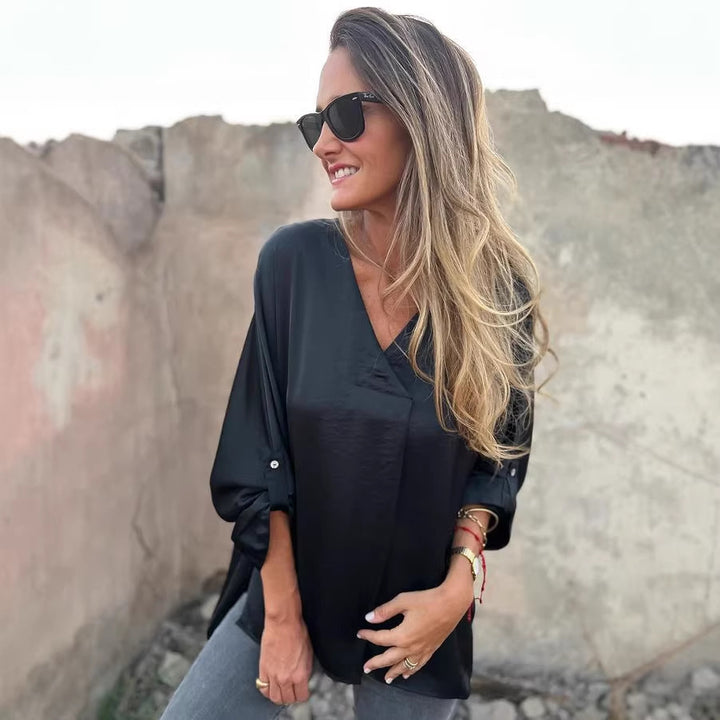 Women's Lightweight V-Neck Tunic Blouse with Rolled-Up Sleeves and Loose Fit Mune Fashion