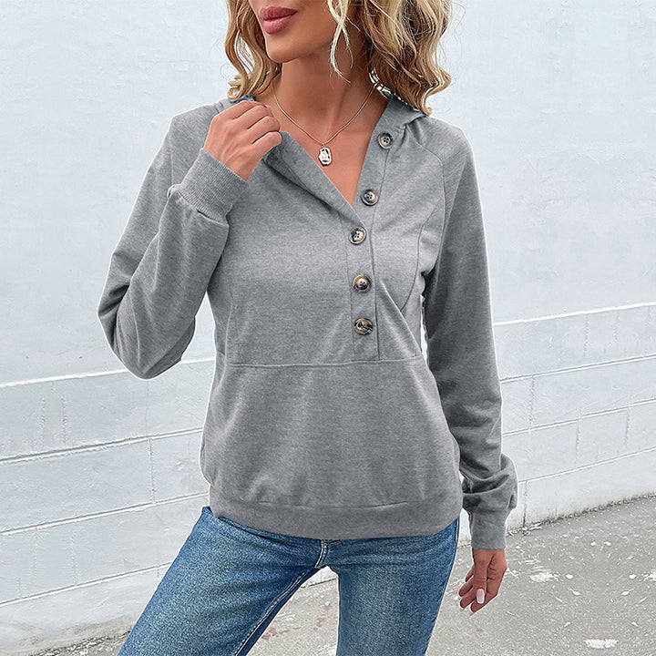 Ladies hooded sweatshirt with asymmetric button placket and raglan sleeves Mune Fashion
