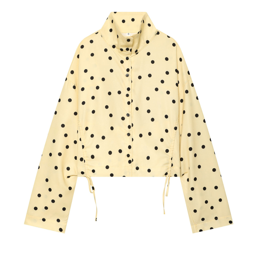 Women's Polka Dot Cropped Blouse with Stand Collar and Drawstring Mune Fashion