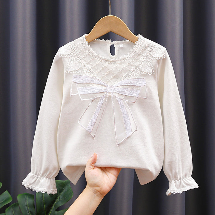 Girl Long Sleeve Blouse with Lace Trim and Bow Detail Mune Fashion