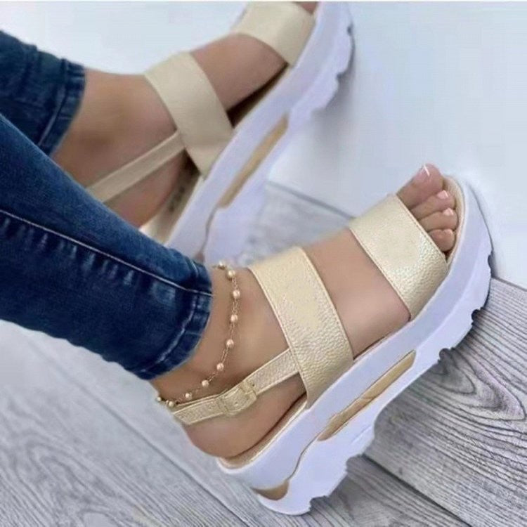 Ladies platform sandals with thick tread sole, two wide straps and adjustable heel strap Mune Fashion