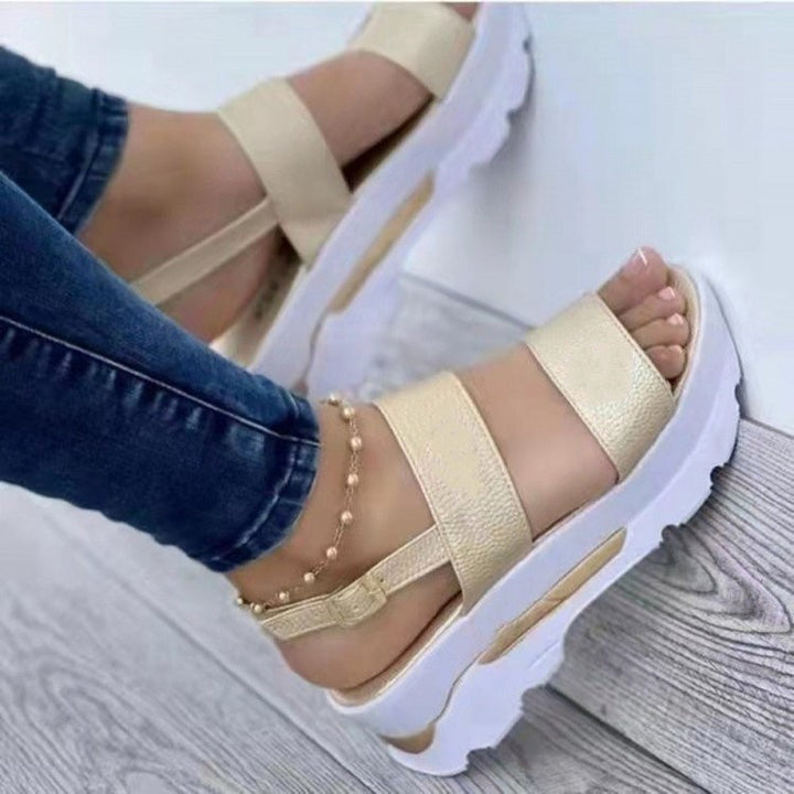 Ladies platform sandals with thick tread sole, two wide straps and adjustable heel strap Mune Fashion