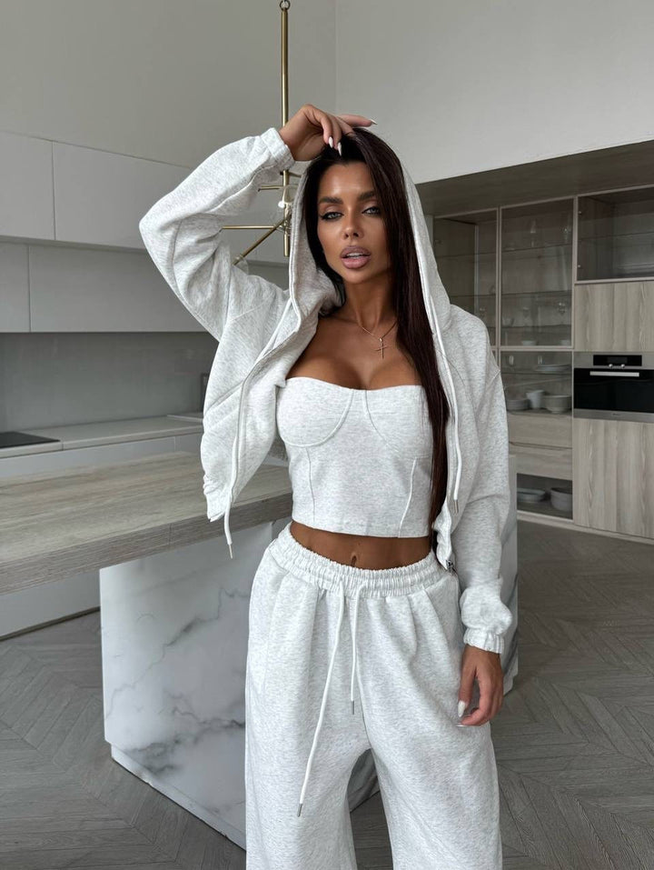 Women Casual Hoodie Set with Fitted Top and Loose Jogging Pants Mune