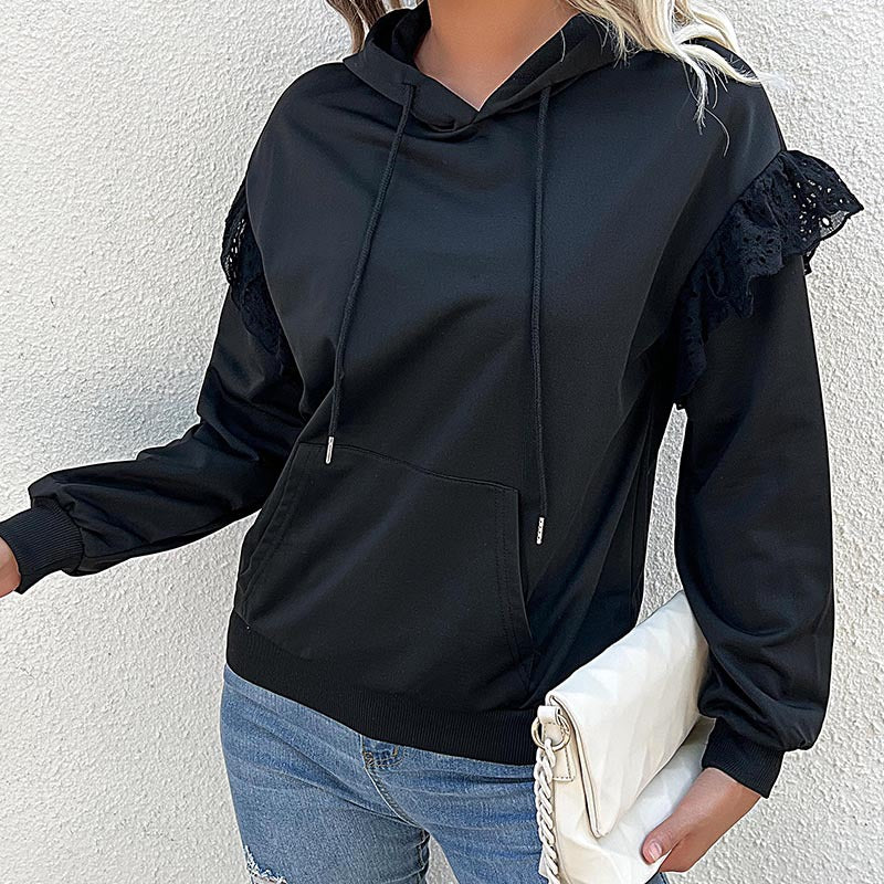 Women's hooded sweater with lace ruffle, kangaroo pocket & ribbed cuffs Mune Fashion