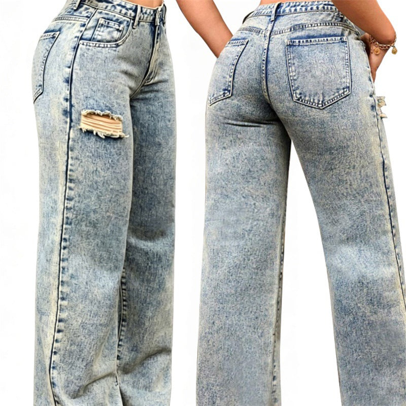 Ladies High-Waist Relaxed Jeans with Stone Wash Effect and Side Ripped Insert Mune Fashion
