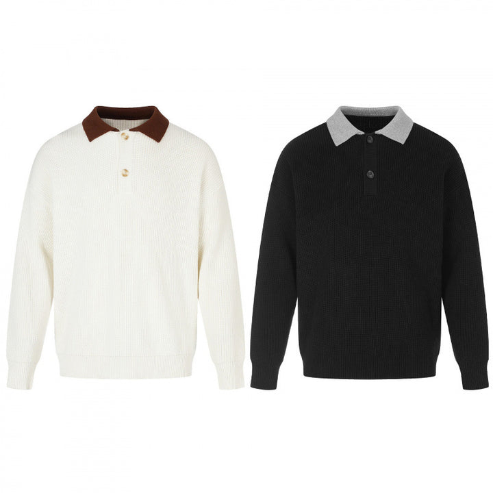 Men's fine knit polo with Henley placket and contrasting polo collar Mune Fashion