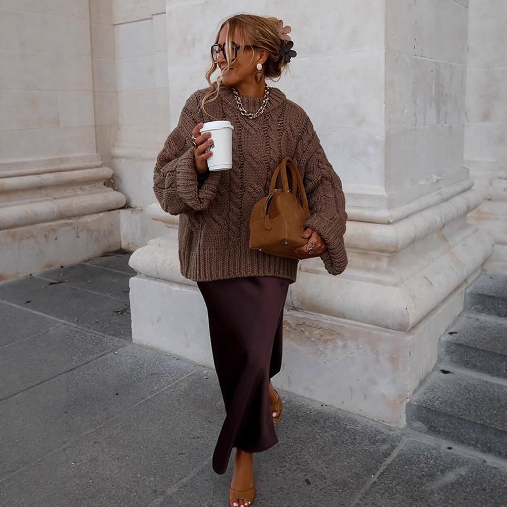 Women's Oversize Chunky Knit Sweater with Cable Knit, High Collar and Extended Sleeves Mune Fashion