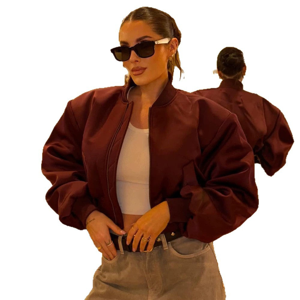 Ladies Short Satin Bomber with Boxy Silhouette, Flap Pockets and Elastic Cuff Mune Fashion