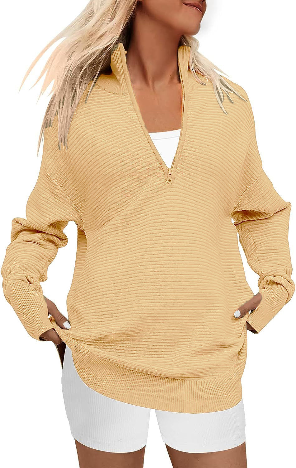 Ladies Oversized Fine Knit Sweater with Half Zipper, Stand Collar and Thumb Hole Sleeves Mune Fashion