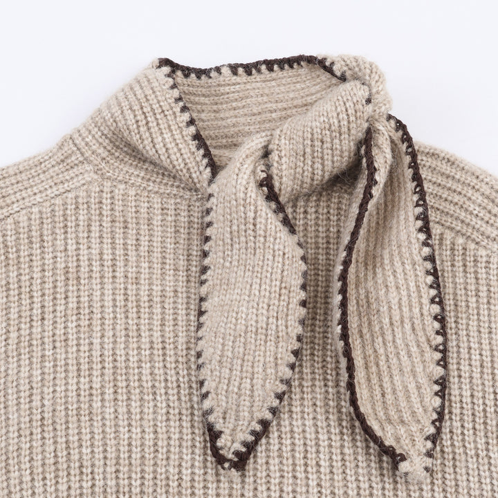 Women's Short-Cut Ribbed Knit Sweater with High Collar and Integrated Knot Scarf Mune Fashion
