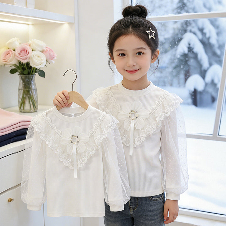 Girls elegant blouse with floral appliqués and transparent lace Mune Fashion