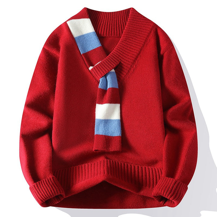 Men's V-neck knitted sweater with integrated contrast stripe scarf and ribbed cuffs Mune Fashion
