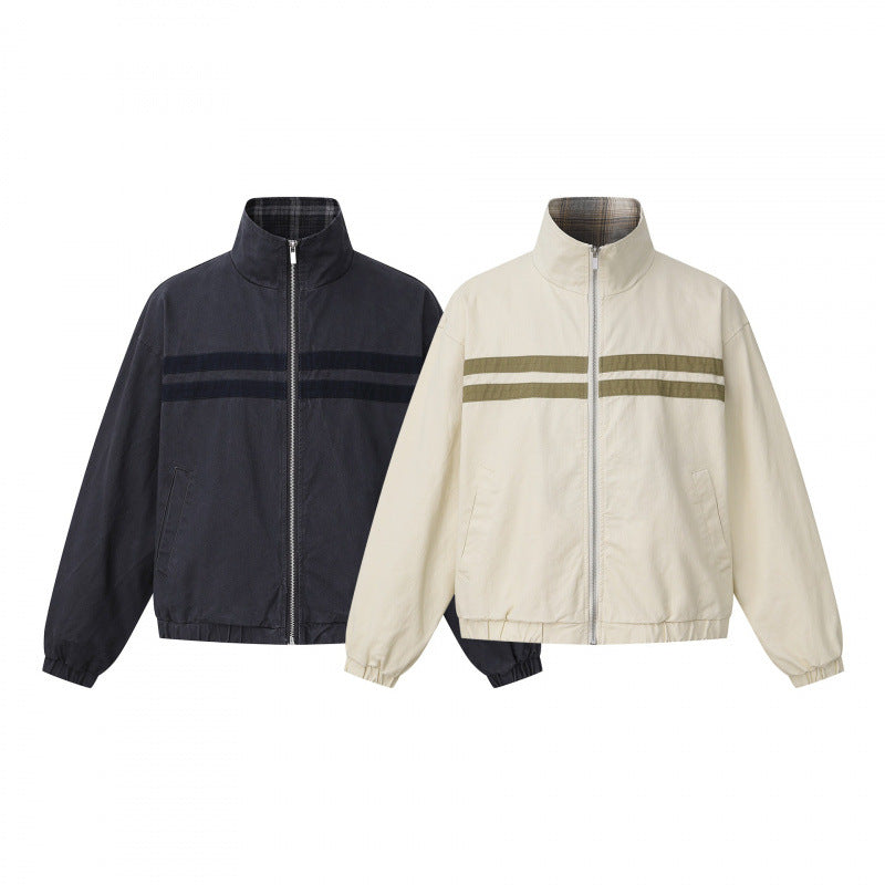 Unisex short cut boxy blouson jacket with stand collar, double stripe detail and checked inner lining Mune Fashion