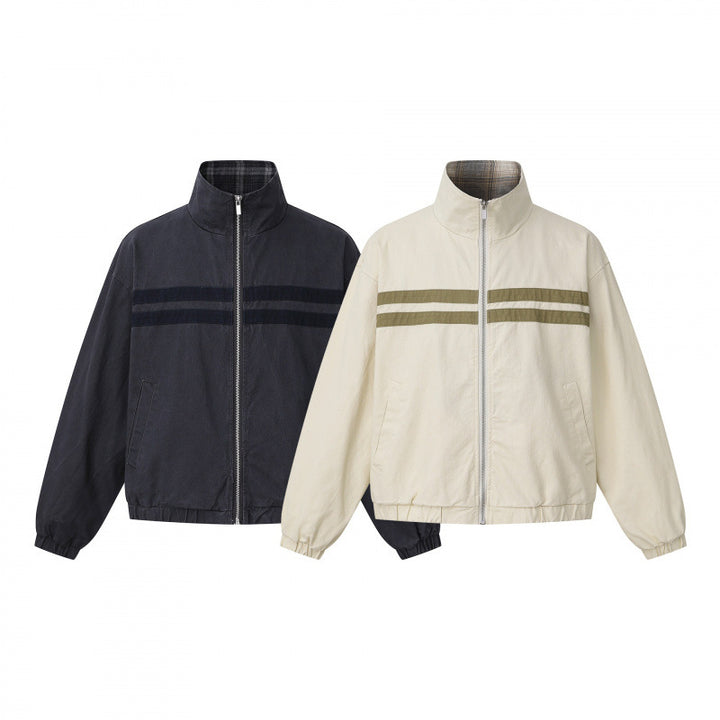 Unisex short cut boxy blouson jacket with stand collar, double stripe detail and checked inner lining Mune Fashion