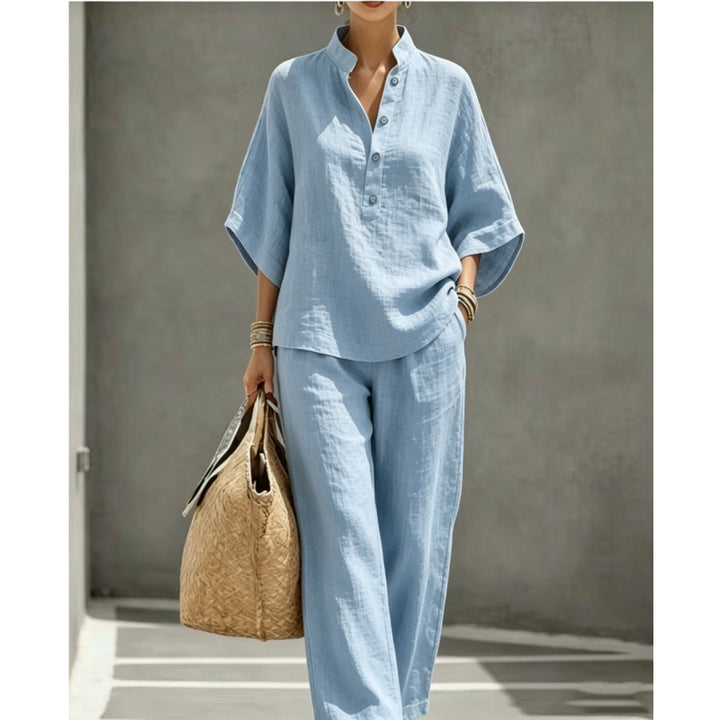 Women's loose linen two-piece with stand-up collar and wide leg Mune Fashion
