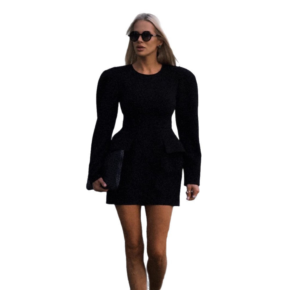 Women Tailored Minidress with Structured Shoulders, Long Sleeves and Suggested Peplum Mune Fashion