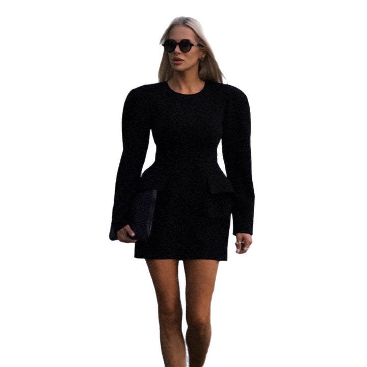 Women Tailored Minidress with Structured Shoulders, Long Sleeves and Suggested Peplum Mune Fashion