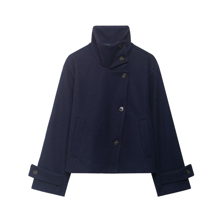 Women's Short Boxy Wool Coat with Asymmetrical Button Placket and Stand-up Collar Mune Fashion