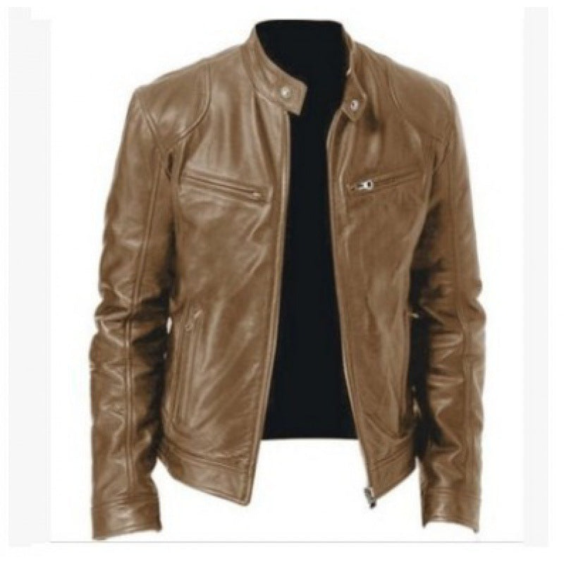 Men's slim genuine leather biker jacket with stand-up collar, two zippered chest pockets and straight silhouette Mune Fashion