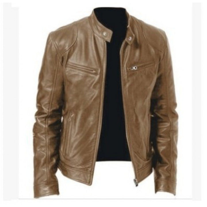 Men's slim genuine leather biker jacket with stand-up collar, two zippered chest pockets and straight silhouette Mune Fashion