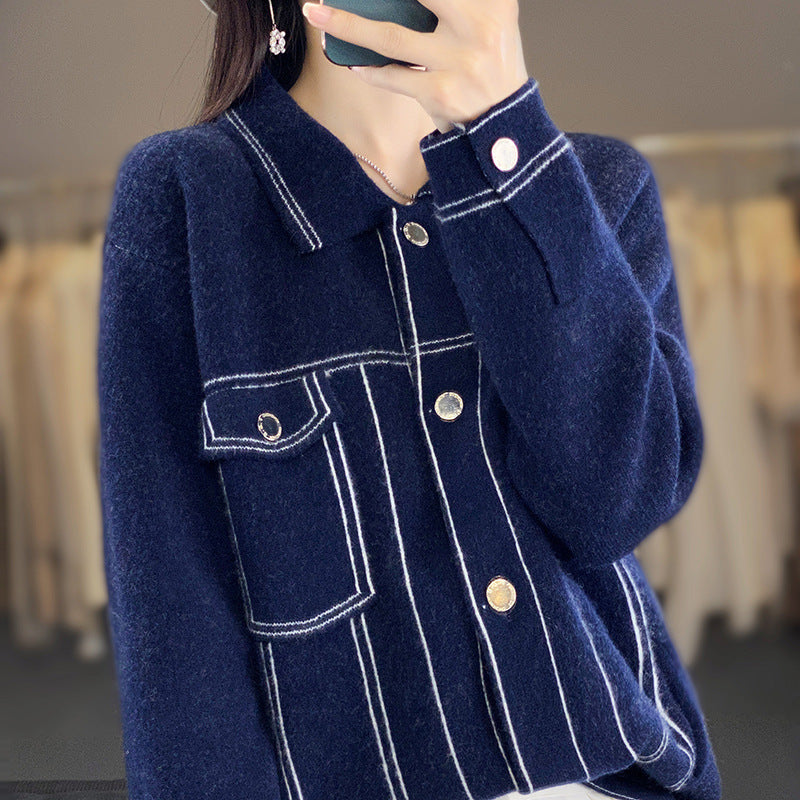 Women's Oversized Knit Jacket in Denim Jacket Look with Contrasting Seam Details and Chest Pocket Mune Fashion