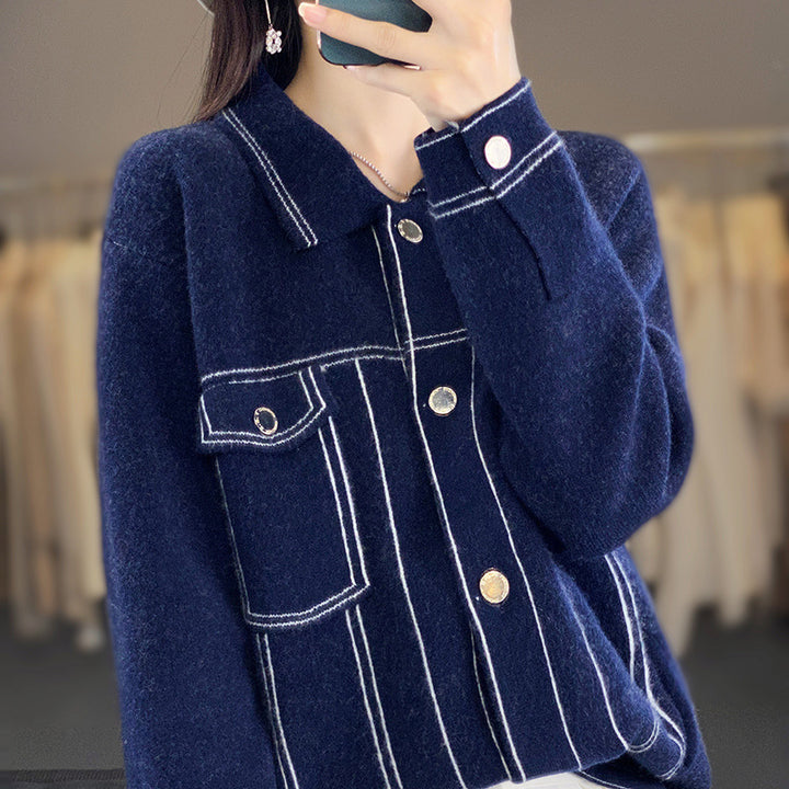 Women's Oversized Knit Jacket in Denim Jacket Look with Contrasting Seam Details and Chest Pocket Mune Fashion