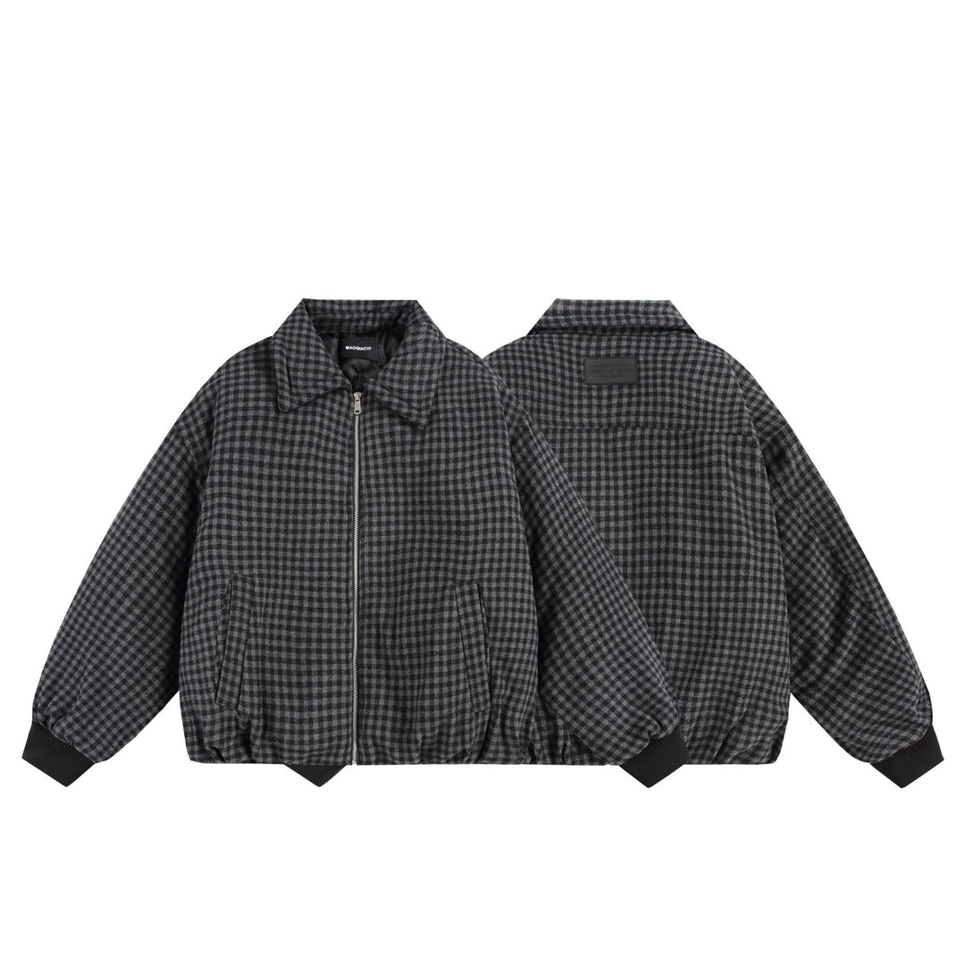 Unisex Boxy-Check Quilted Jacket with Zipper and Elastic Hem Mune Fashion