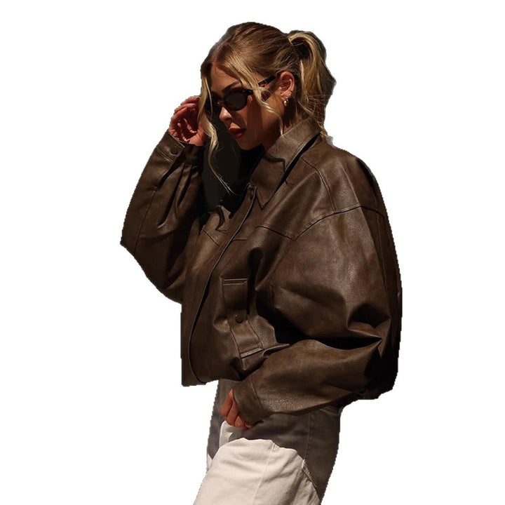 Women Boxy Cropped Faux Leather Blouson with Oversized Shoulder Mune Fashion